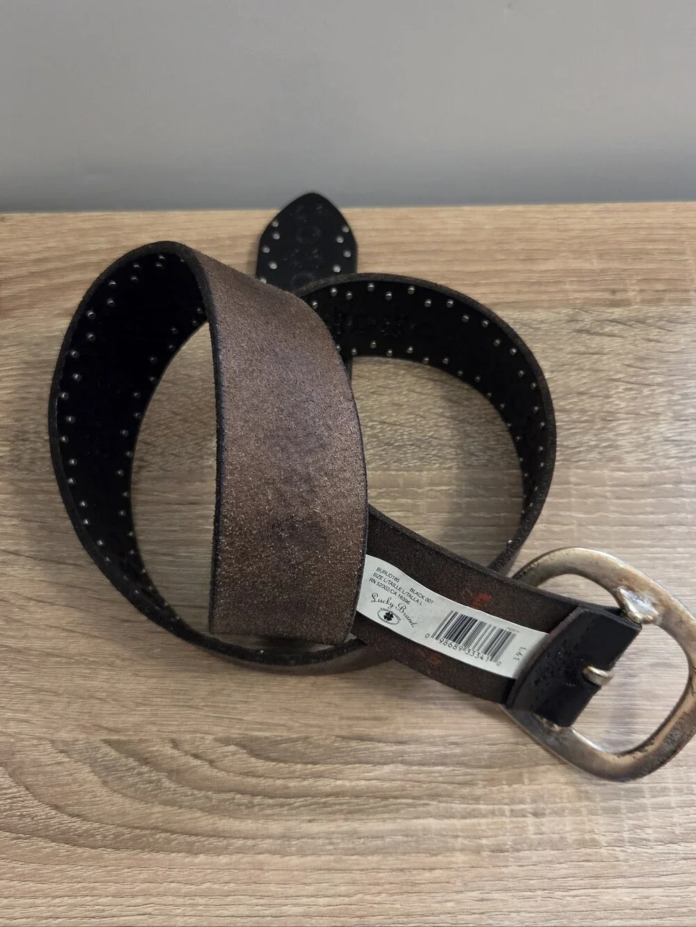 Lucky Brand Vintage Black Embossed Studded Leather Belt Brass Buckle - Large 36